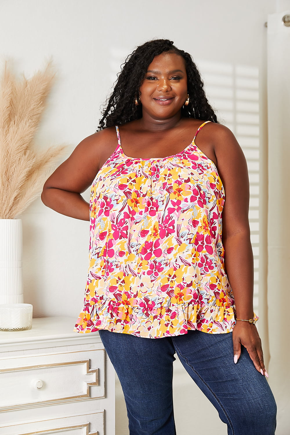 Floral scoop-neck cami with layered ruffle hem and thin straps