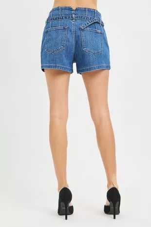 Dark-wash denim shorts back view with pockets and belt loops