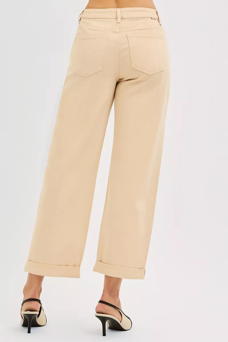 Butter milk relaxed barrel jeans with back yoke, patch pockets, and cuffed ankle hem