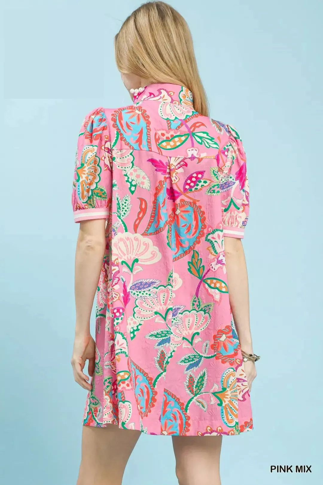 Pink Mix paisley print tunic dress, back view with gathered upper and puff sleeves