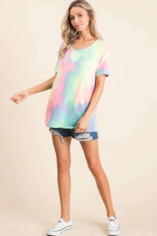 Pastellfarbenes Tie-Dye French Terry Top, lockere Passform, kurze Ärmel