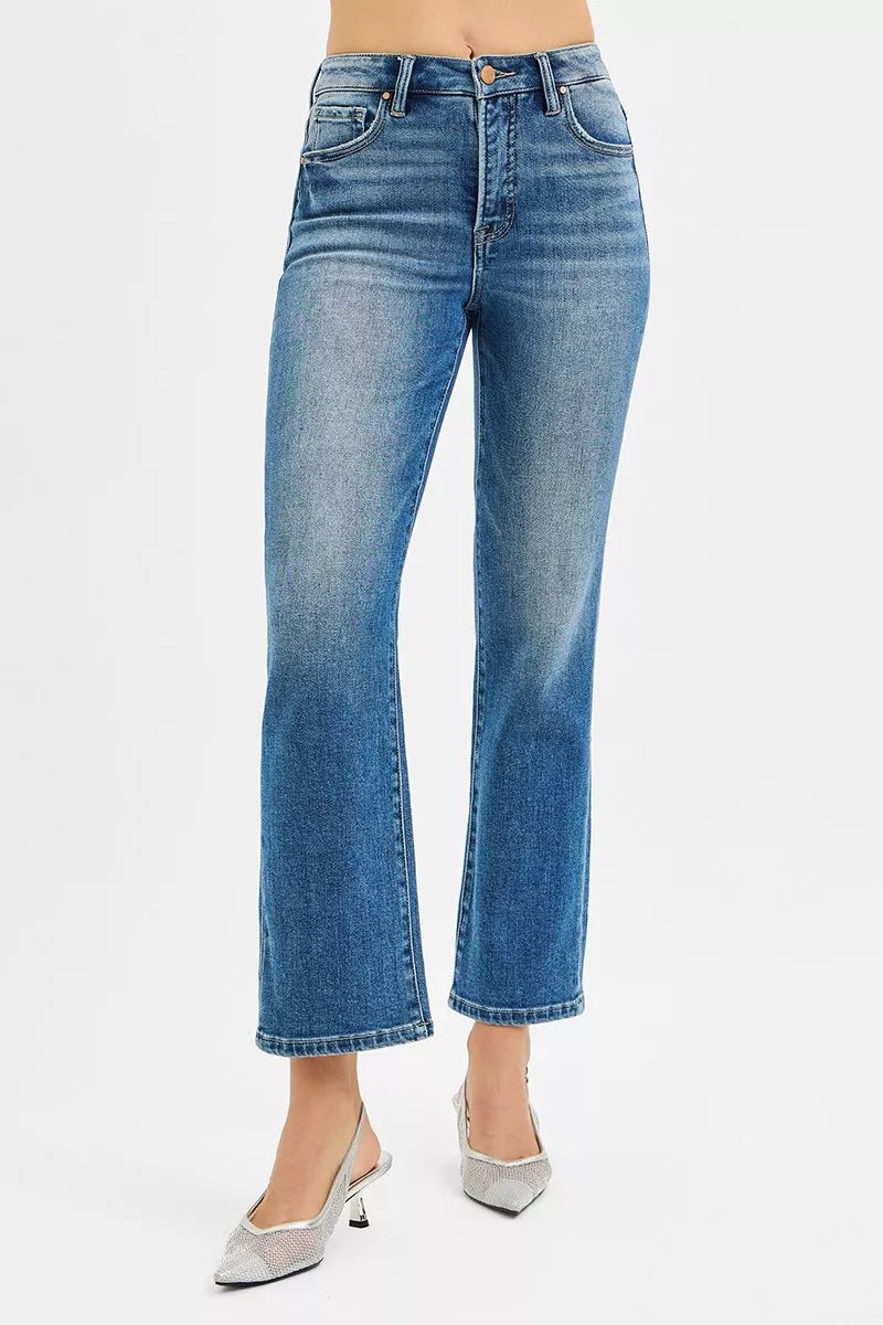 Medium-wash straight high-rise crop jeans, button-fly front with belt loops