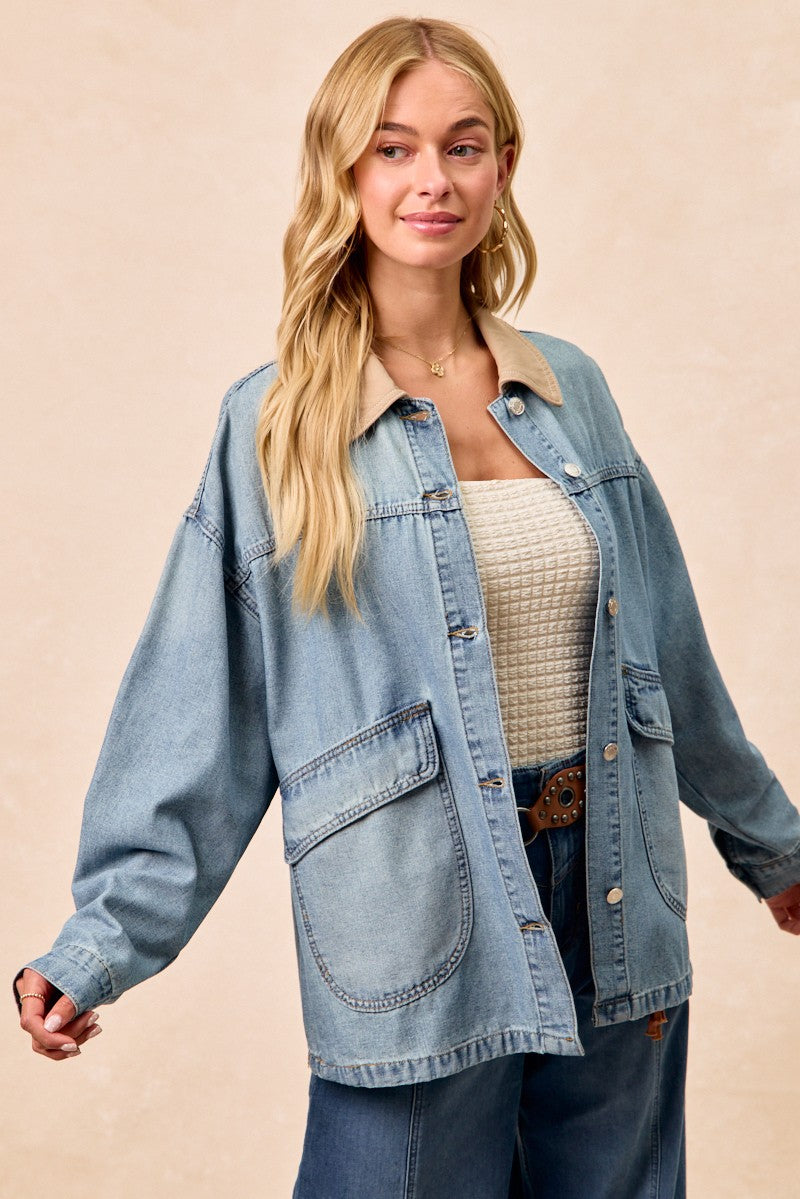 Washed denim jacket with contrast tan collar and side front pocket detail