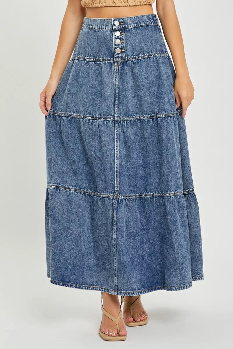 High-rise long denim skirt with tiered ruffle panels and center seam, medium wash