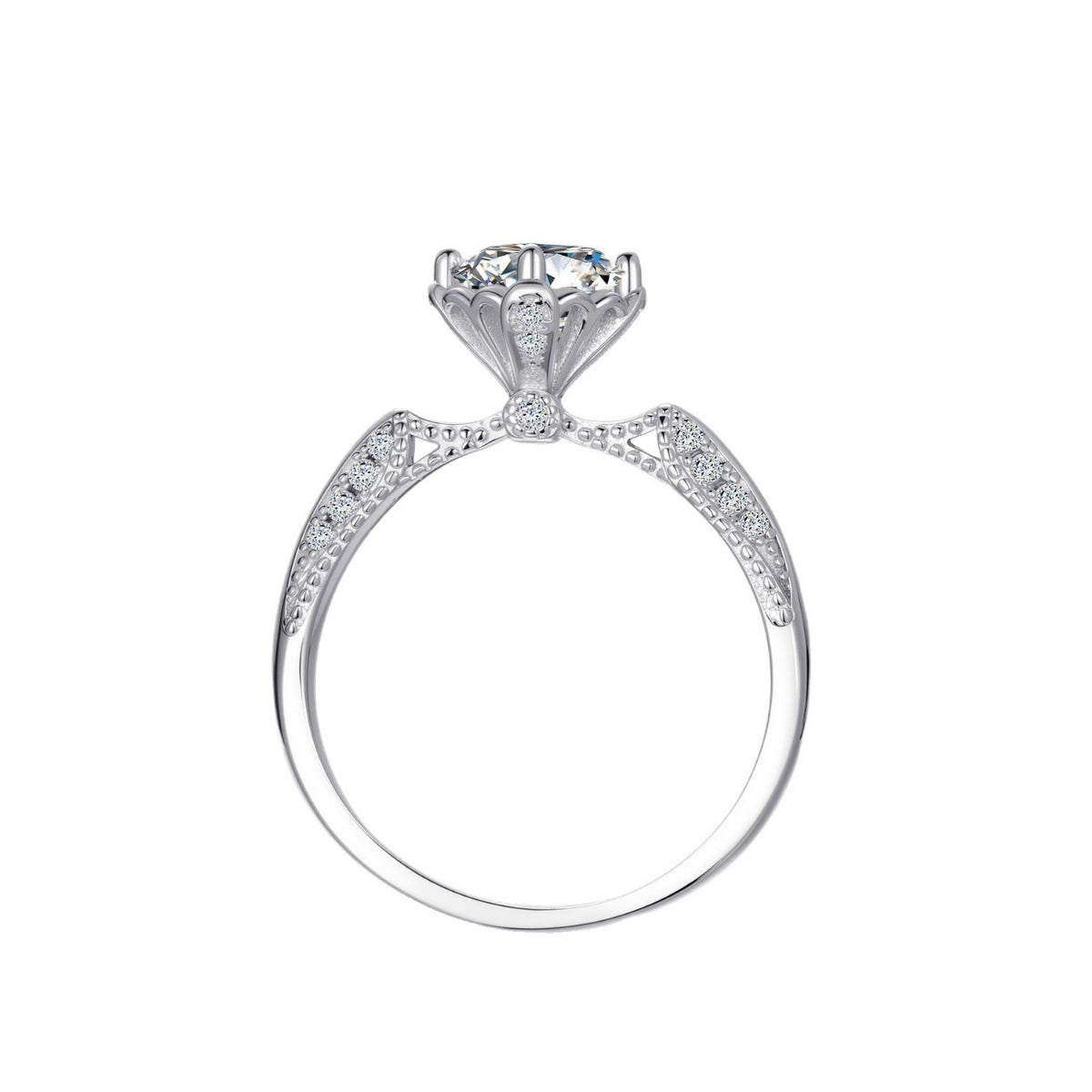 Sterling-Silber Moissanitring mit großem Rundstein und gefächertem Pavéband