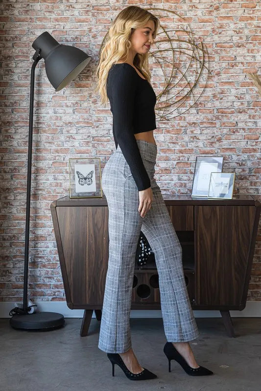 Gray plaid flare pants with wide waistband, plus size