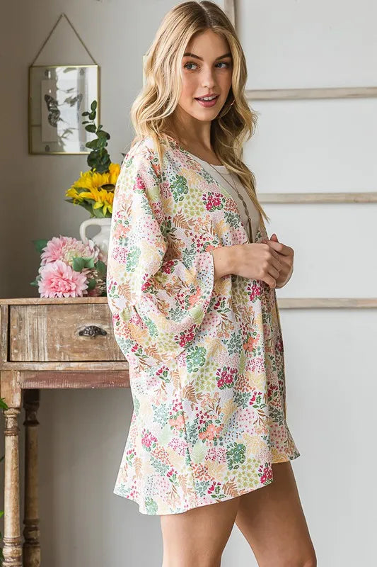 Ivory multi floral open cardigan, plus size; soft drape and wide sleeves