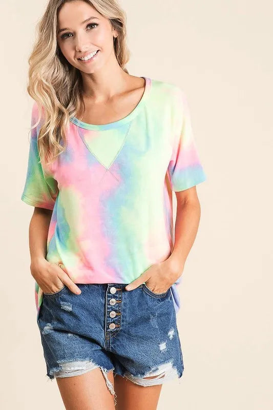 Pastel multicolor tie-dye French terry top with crew neck and short sleeves