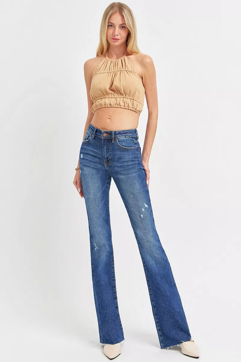 Dunkelblaue Mid-Rise Flare-Jeans mit Distressed-Stellen, Frontblick, Plus-Size