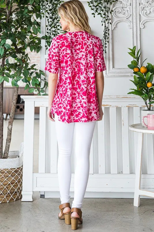 Hot pink animal-print short-sleeve babydoll top, back view