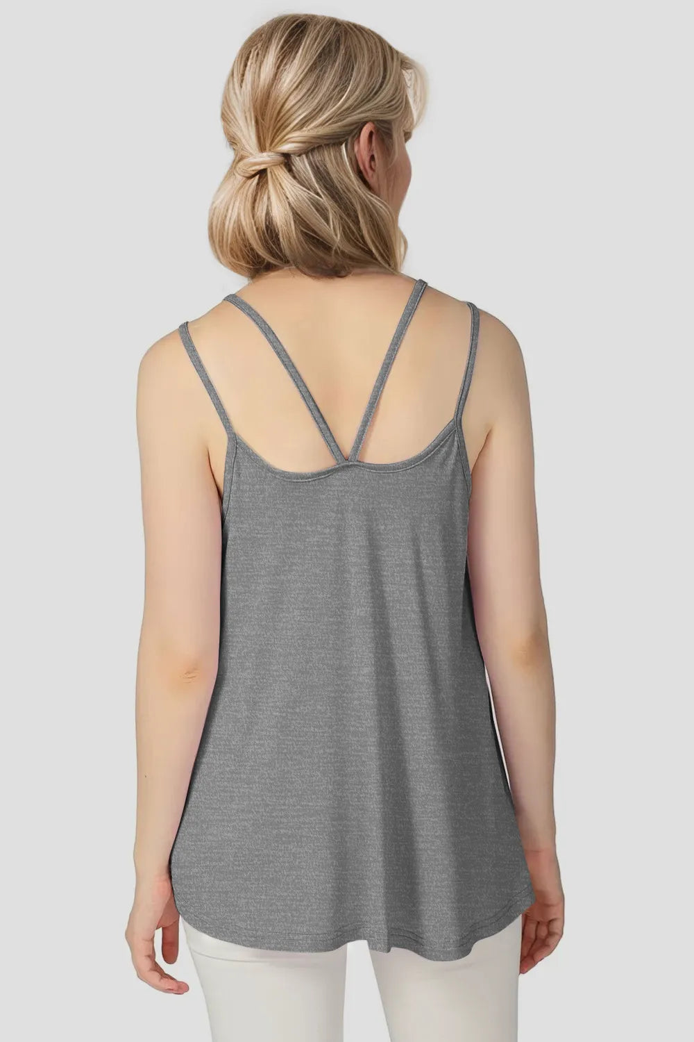 Bamboo scoop neck cami in dark gray with double spaghetti straps—back view