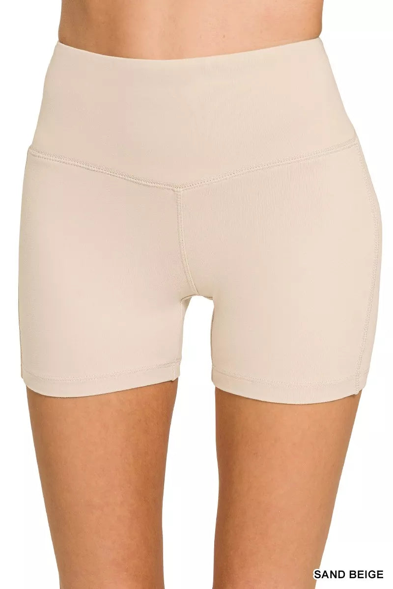 Zenana brushed microfiber biker shorts, sand beige, wide waistband