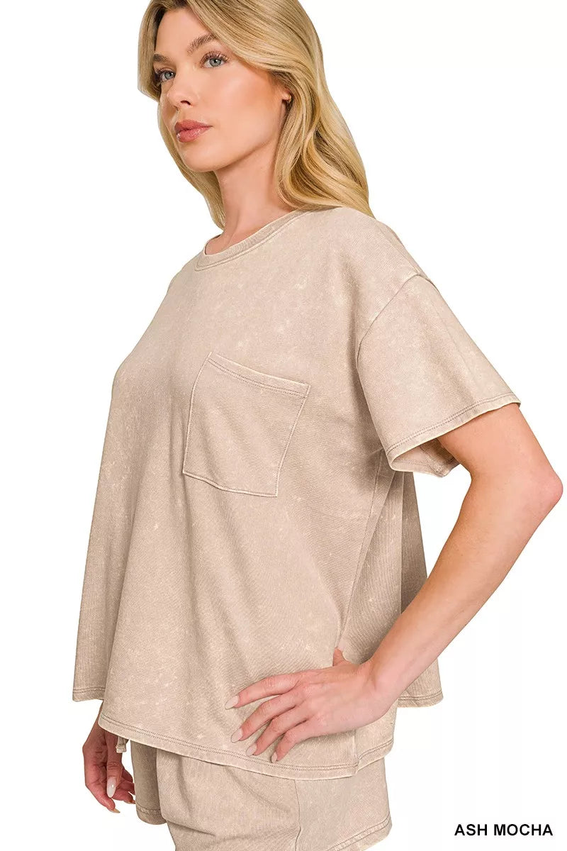 ASH MOCHA acid-washed relaxed tee, side view with chest pocket