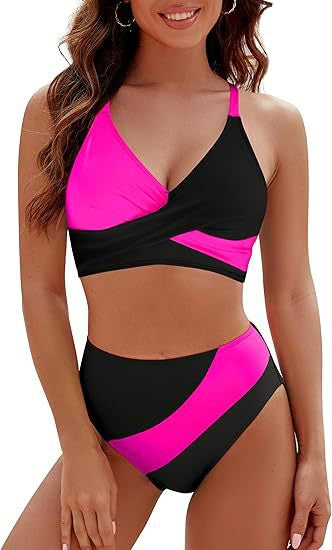 Cross bra top set in black and hot pink, triangle top with matching bikini bottoms
