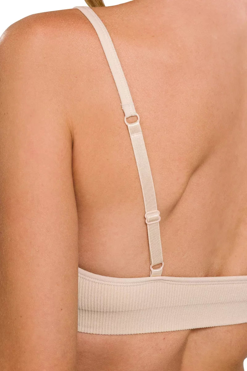 Back view: SAND BEIGE bra with adjustable straps and seamless elastic underband