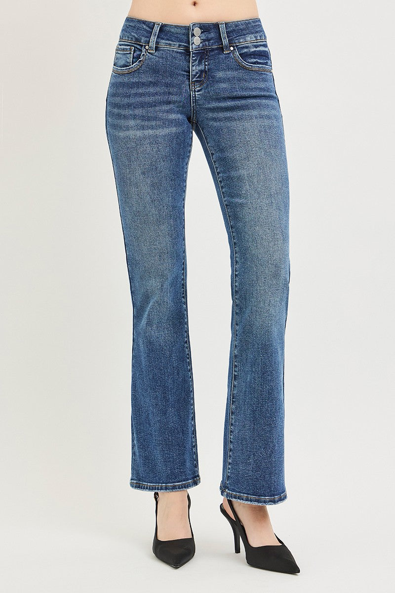Medium wash low-rise bootcut jeans front view with button closure and front pockets