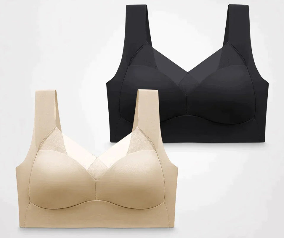 Wire-free full coverage comfort bra set: black and beige molded cups, V-neck style
