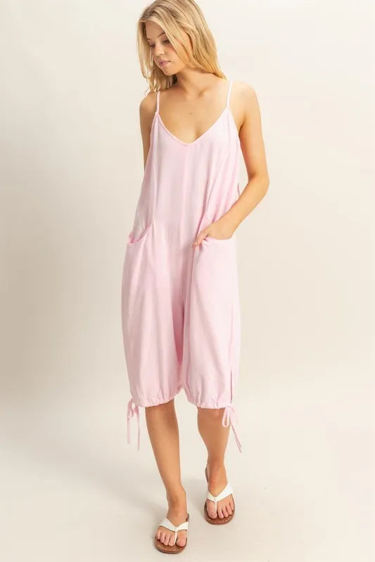 Trendsi L.PINK V-neck pocket romper, drawstring side hem with tassel ties
