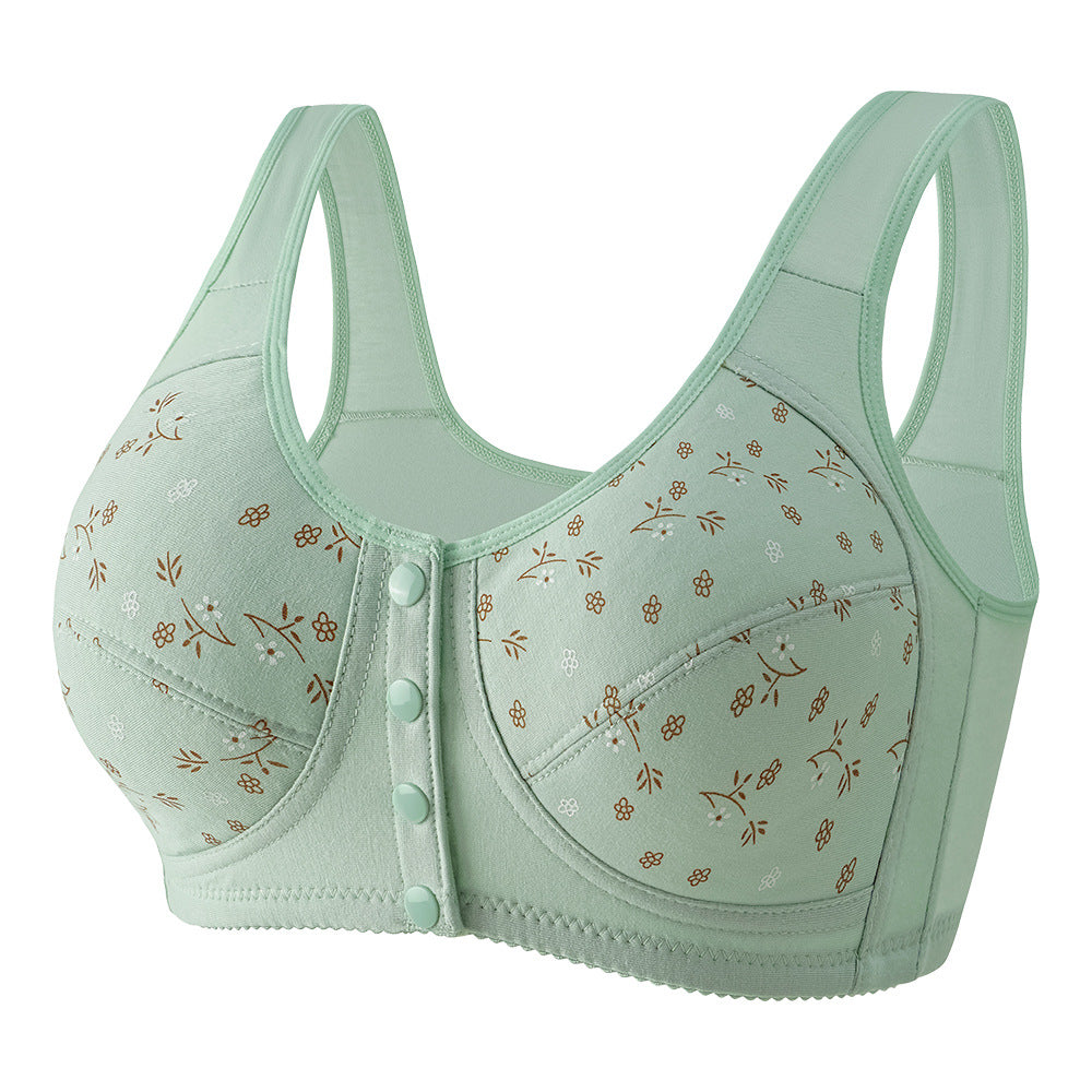 Printed wireless bra with wide straps, front button closure, mint green floral pattern