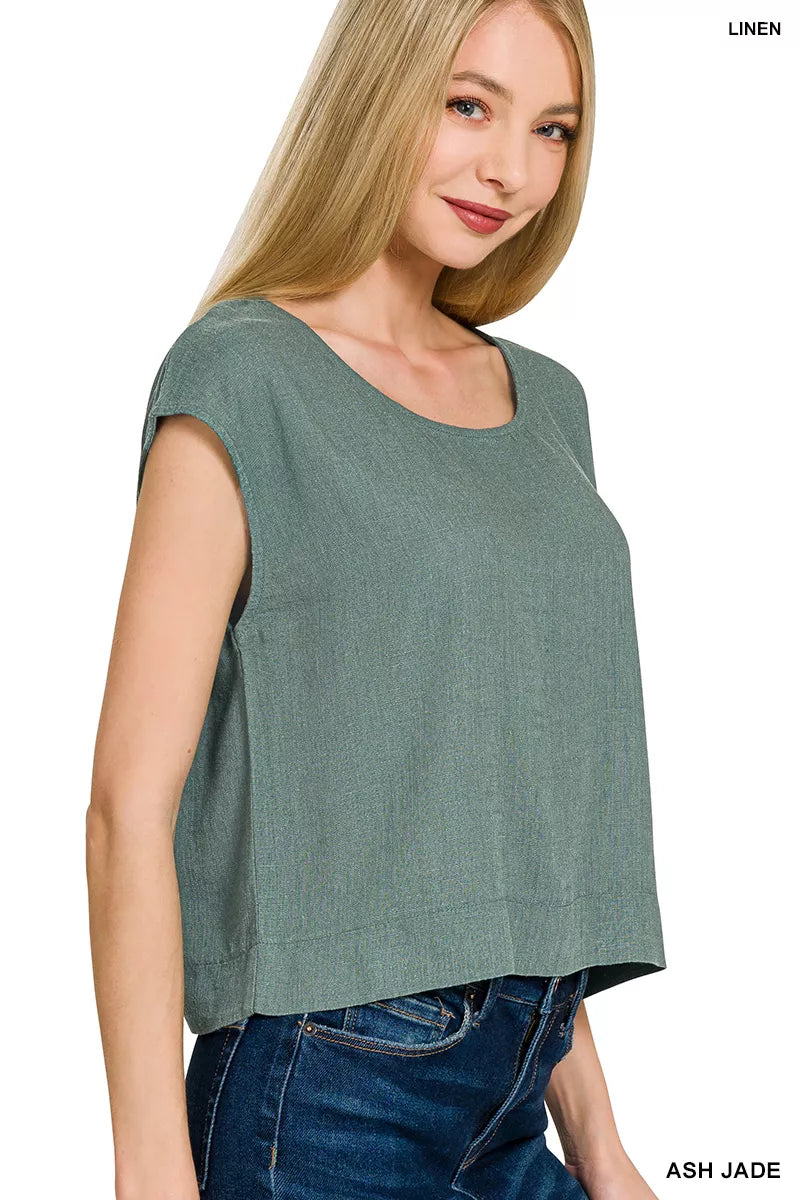 Zenana linen sleeveless top, Ash Jade, wide scoop neckline, relaxed fit