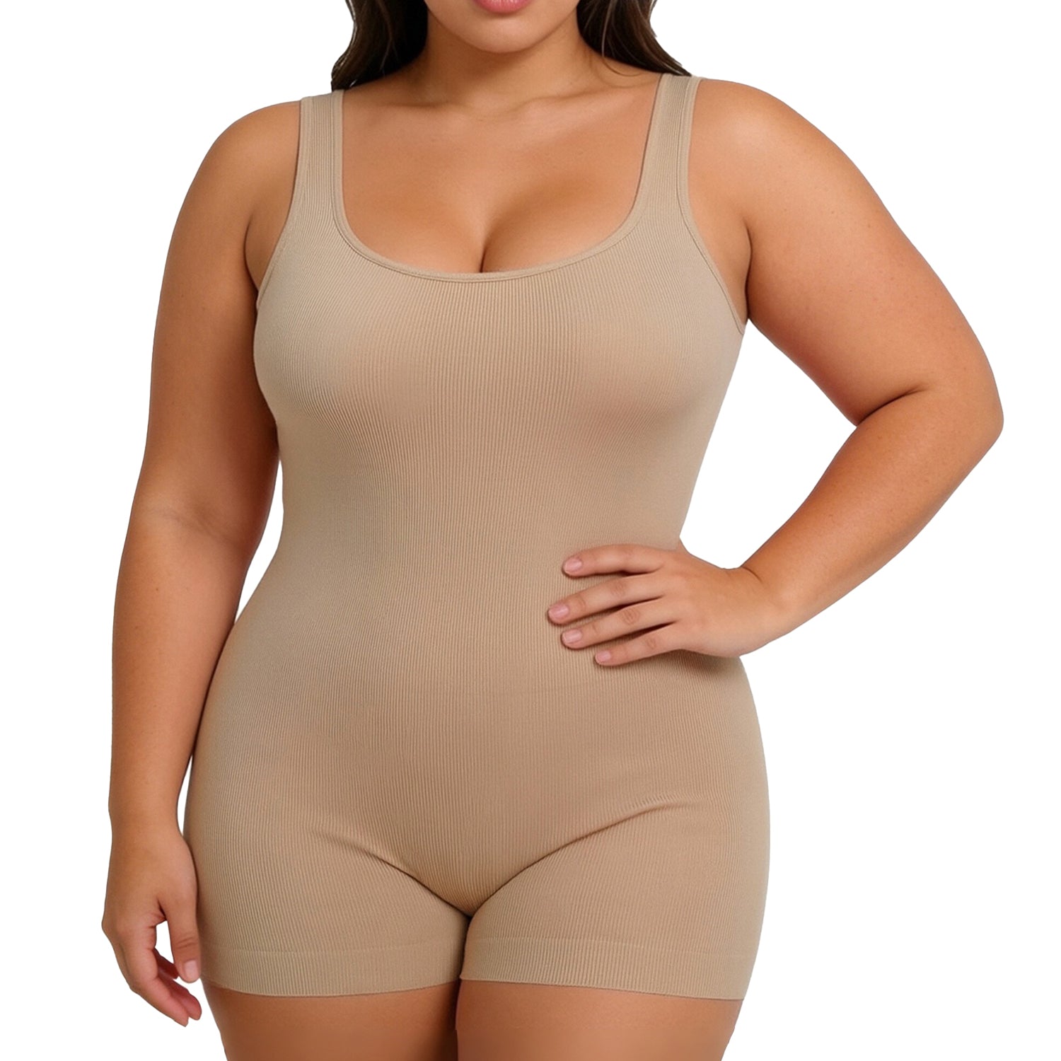 Beige compression waist trainer bodysuit with scoop neck and high-leg shorts