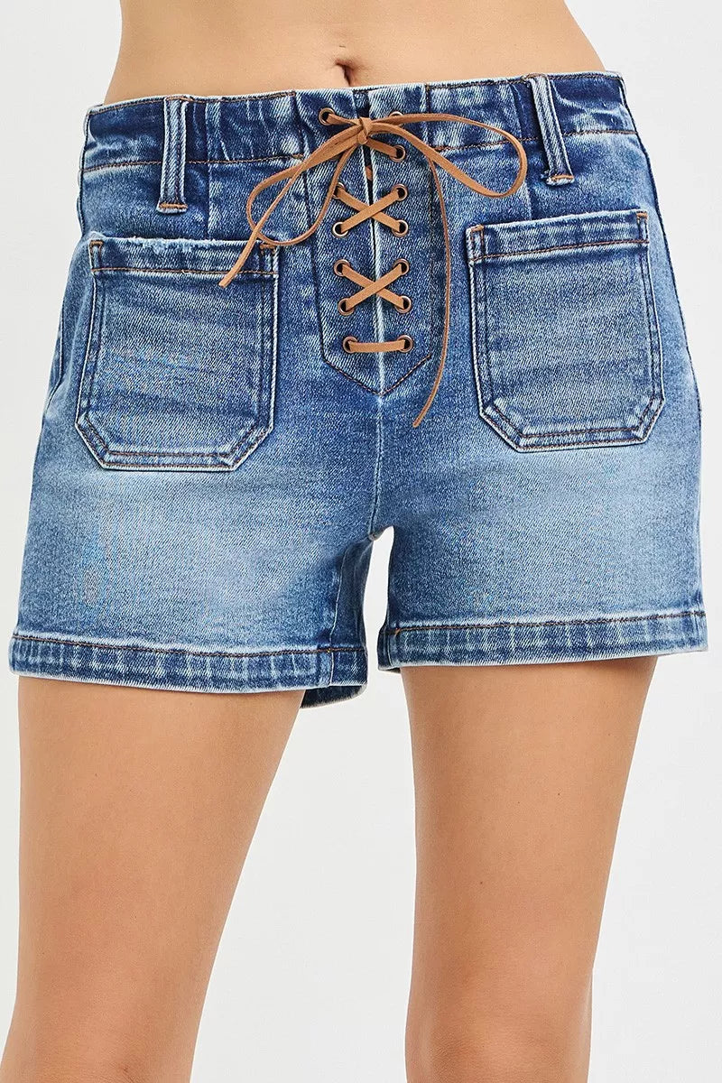 Medium-wash denim high-rise shorts with front lace-up tie and patch pockets
