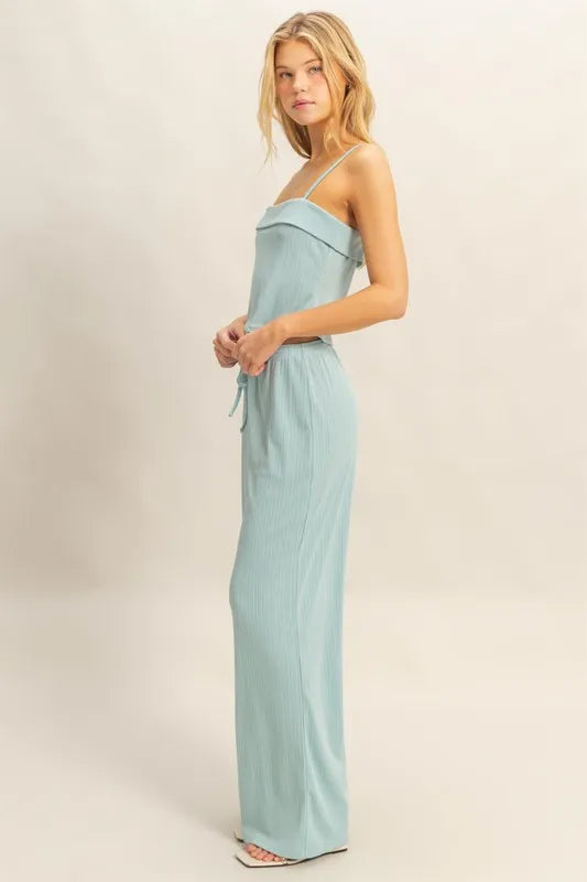 Aqua cami top with ruffle trim and matching wide-leg pants, drawstring waist