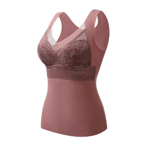 Thermal padded wireless bra in mauve with lace cups and V neckline