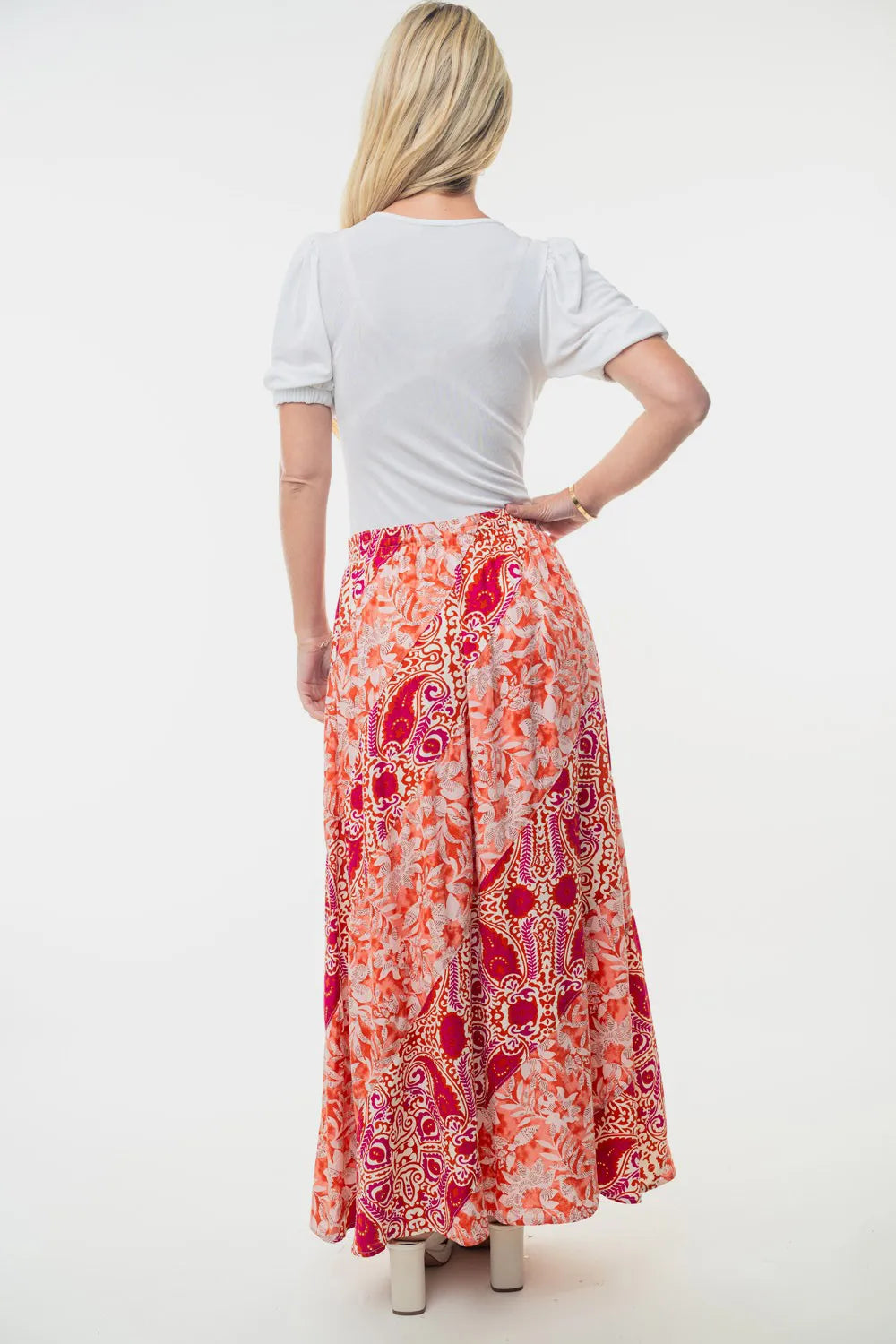Orange floral woven maxi skirt, high-waist elastic waistband, back view