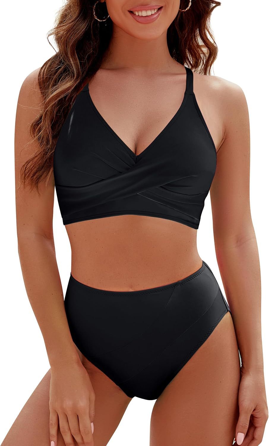 Black cross-strap bralette and high-waist bikini bottom set, front view