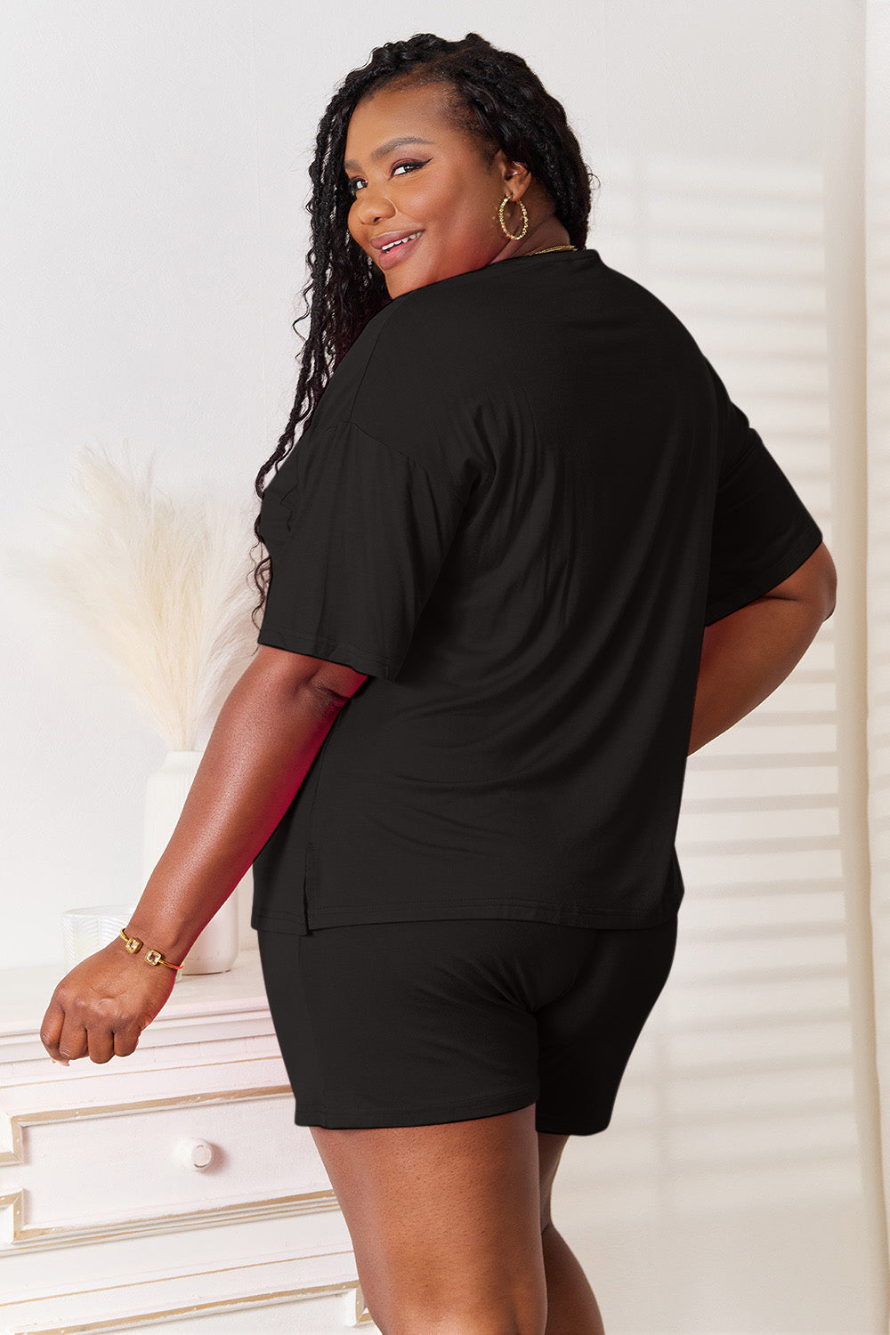 Black rayon top and shorts set, back view, half sleeves and elastic waist