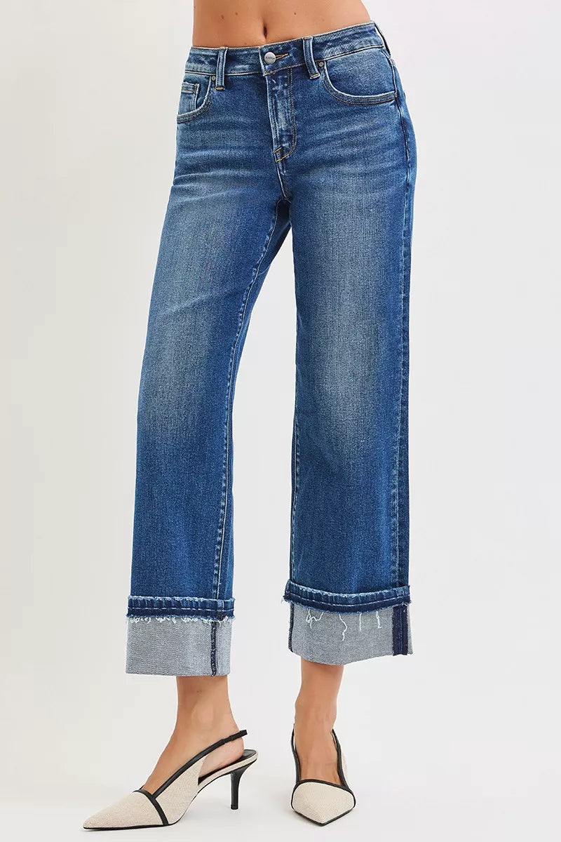Straight-leg ankle jeans with rolled cuff hem and front button closure
