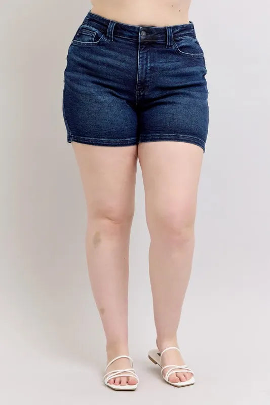 High-waist dark denim shorts with back flap pockets