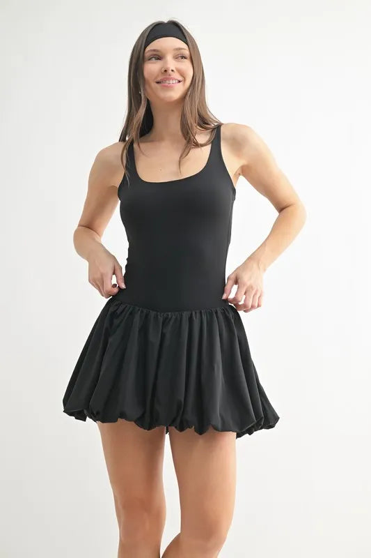 Black bubble active mini dress with scoop neck and gathered skirt, sleeveless