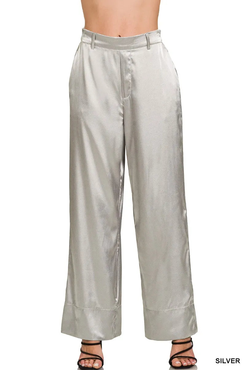 Zenana Wide-Leg Satin Pants in silver, high-rise with front pleats