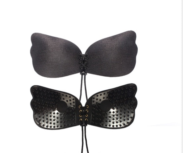 Strapless seamless bra, dark cups with lace-up center and pull-tie cords