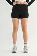Black ribbed foldover waist shorts, fitted short inseam