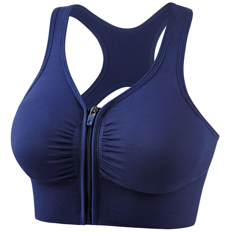 Plus size sports bra with zip front, racerback cutout, deep blue color