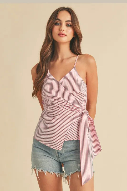 White-and-red striped surplice cami with side tie, V-neckline and spaghetti straps