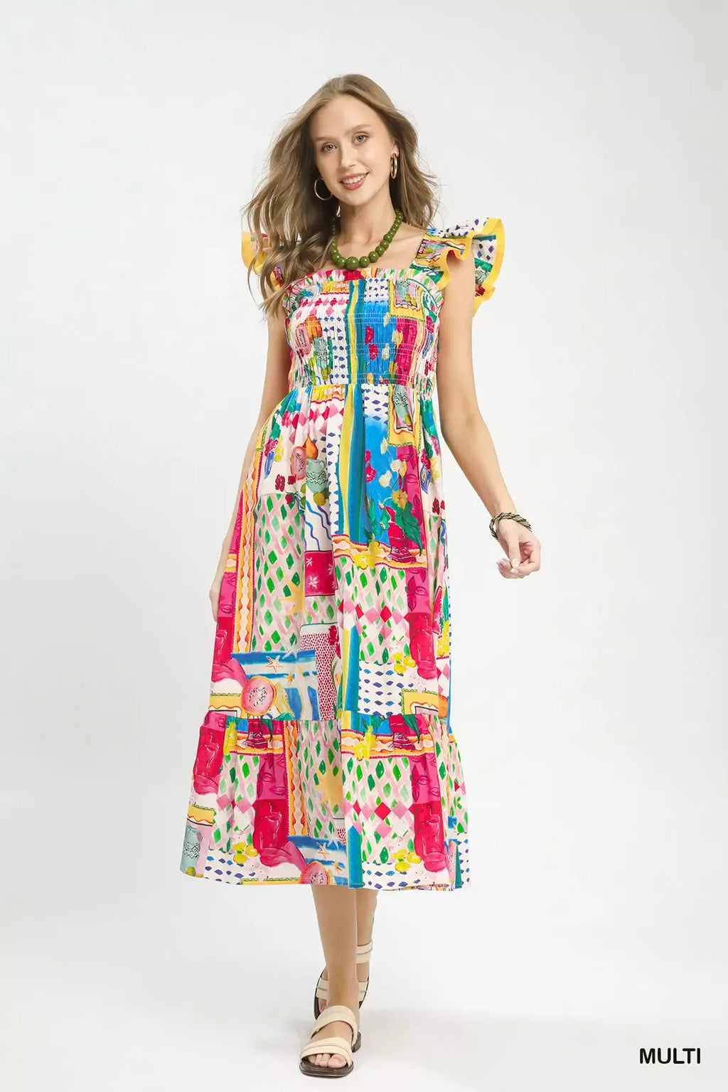 Smocked tiered midi dress, abstract multicolor patchwork print, ruffle sleeve detail