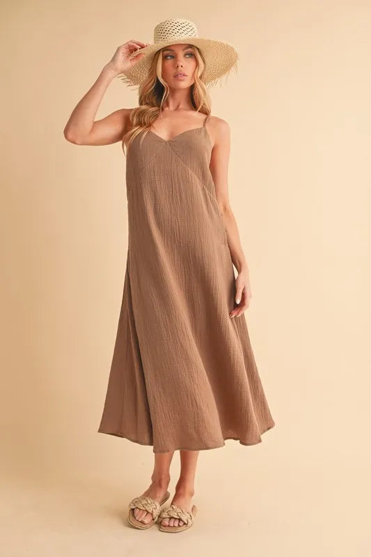 Mocha side-button midi cami dress, V-neck bodice and flared skirt
