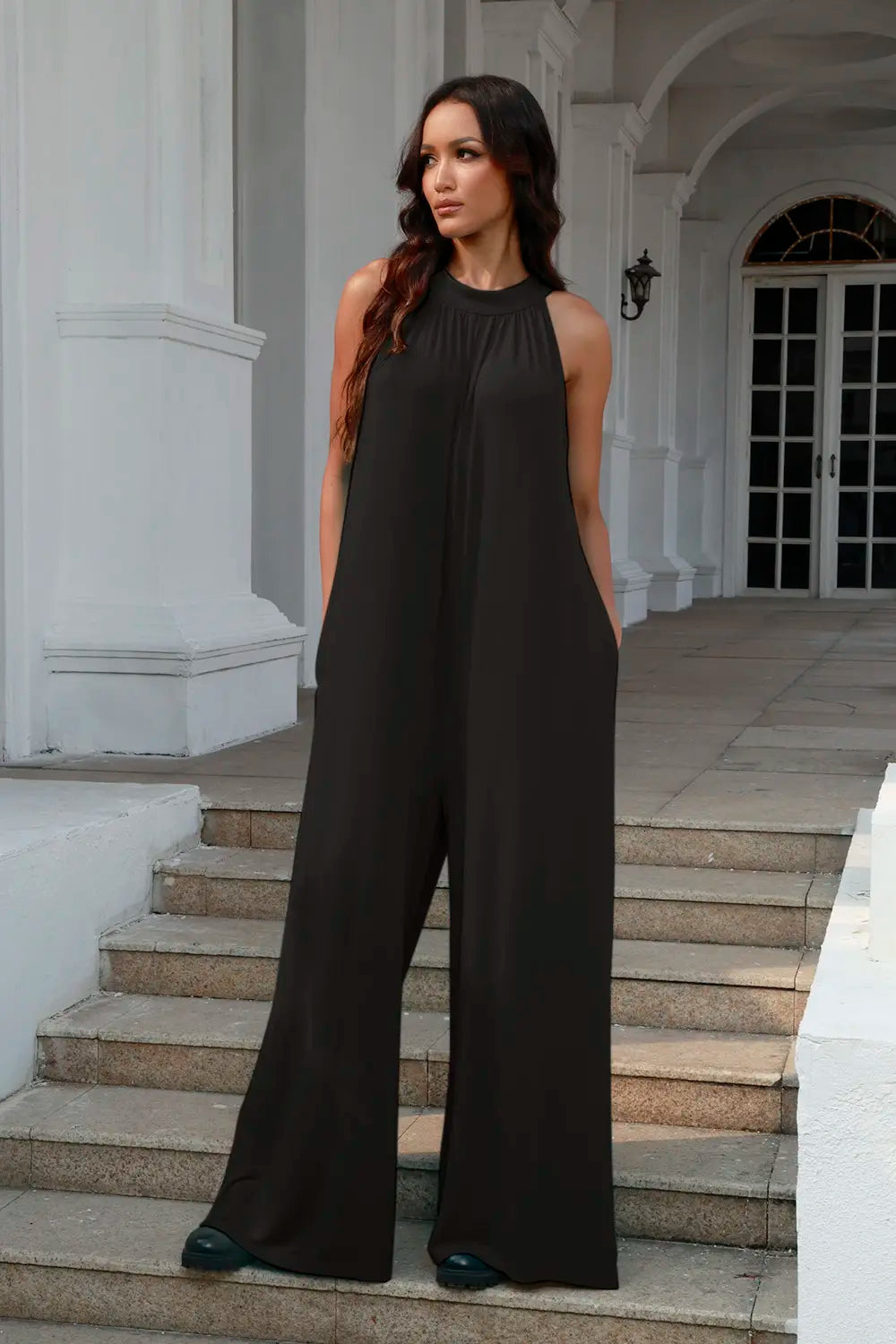 Double Take sleeveless jumpsuit in black with relaxed fit and flowing wide legs