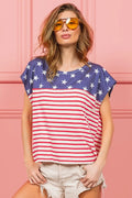 Navy star and red stripe printed top with short sleeves and side drape panel