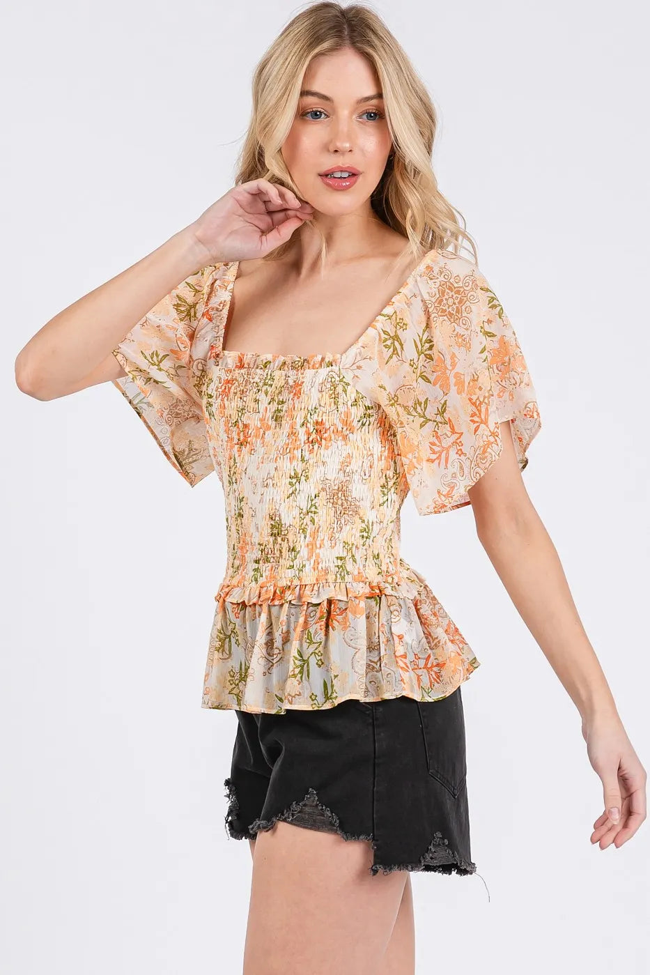 Smocked bodice square neck chiffon peplum top, orange floral print