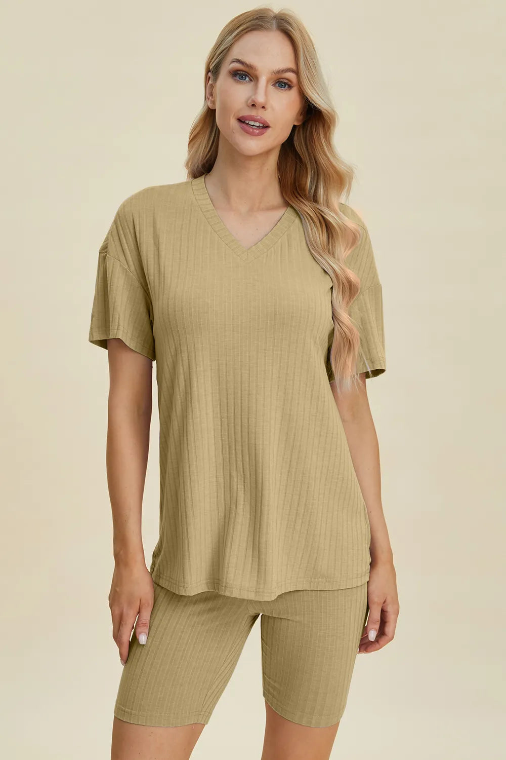 Olive green ribbed V-neck short-sleeve top and matching biker shorts set