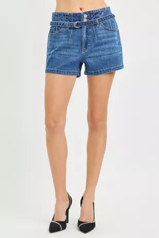 Dark-wash denim shorts with belt loops and stitched waist seam