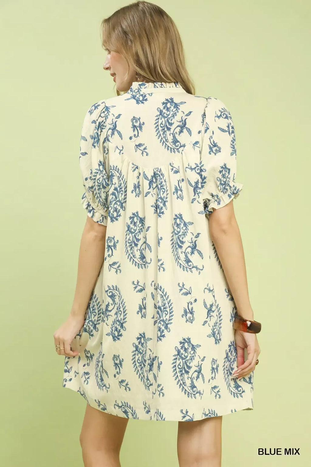 Rückansicht: Blau-Mix Paisley-Kleid mit kurzen Ärmeln und Glockensaum
