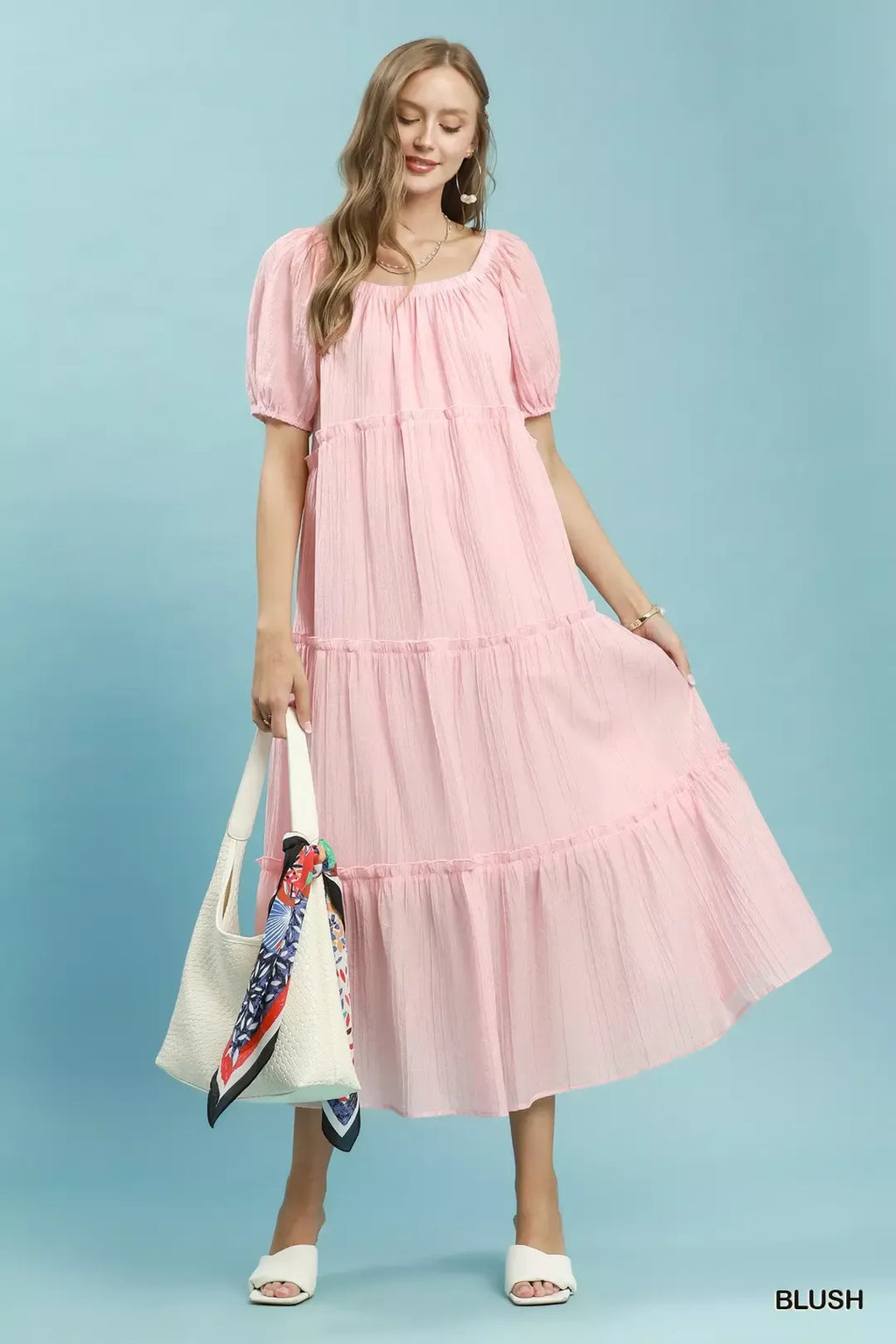 Blush textured tiered midi dress, square neckline, puff sleeves