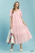 Blush textured tiered midi dress, square neckline, puff sleeves