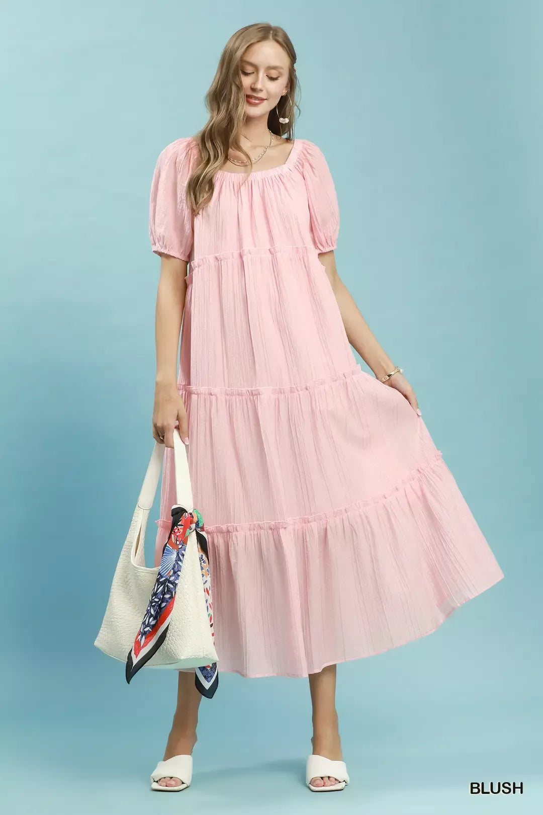 Blush textured tiered midi dress, square neckline, puff sleeves